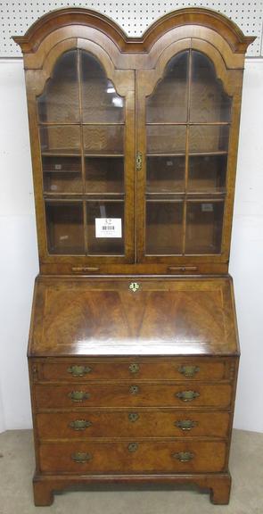 European Burl Wood Veneer Two-Piece Secretary, Small Key in Desk,  Other Key in Office