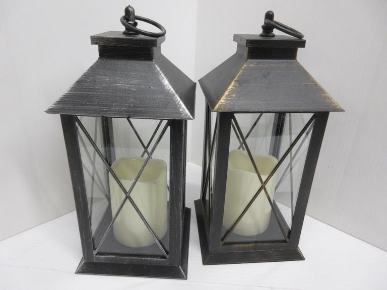 Set of (2) Bronzed Finished LED Battery Operated Decorative Lanterns