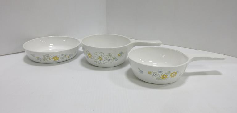 (3) Mid-Century Corning Ware Floral Bouquet Pattern Skillets: 1 1/2-Pint, One-Pint, and 6 1/2