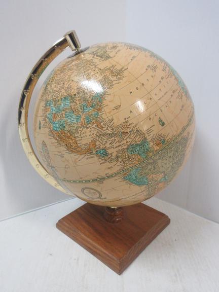 Older George F. Cram Co. Imperial World Globe with Oak Base and Brass Rotating Arm