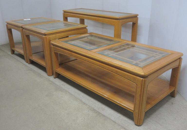 Set of (4) Light Oak Living Room Coffee Tables with Glass Tops