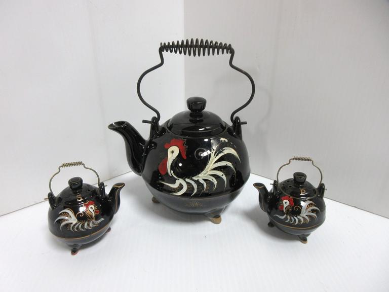 Old Redware Three-Legged Teapot with Matching Salt and Pepper Shakers, Hand Painted, Made in Japan, All have Metal Handles, Shakers Have Cork Plugs