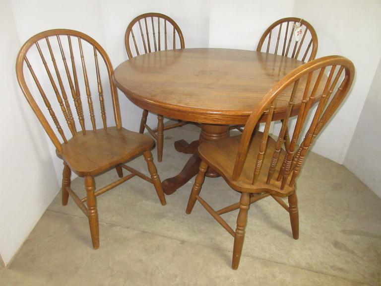 Solid Oak Pedestal Dining Table and (4) Windsor Chairs