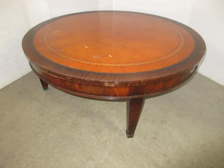 Rare Antique Imperial Genuine Mahogany 1940s Coffee Table, Gold Tooled Accent on Leather Top, Round, Has a Hidden Drawer, No. 123