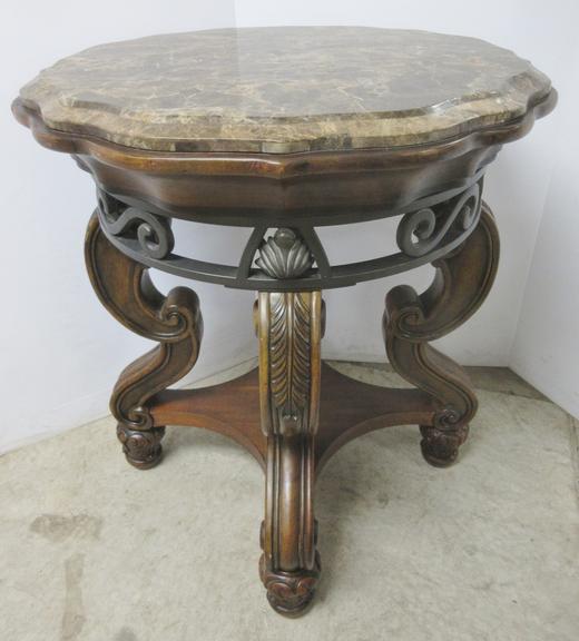 High Quality Heavy Occasional Table with 1" Marble Top with Curved Edge, Wrought Iron with Swirl Design and 3" Wood Legs Intricately Carved