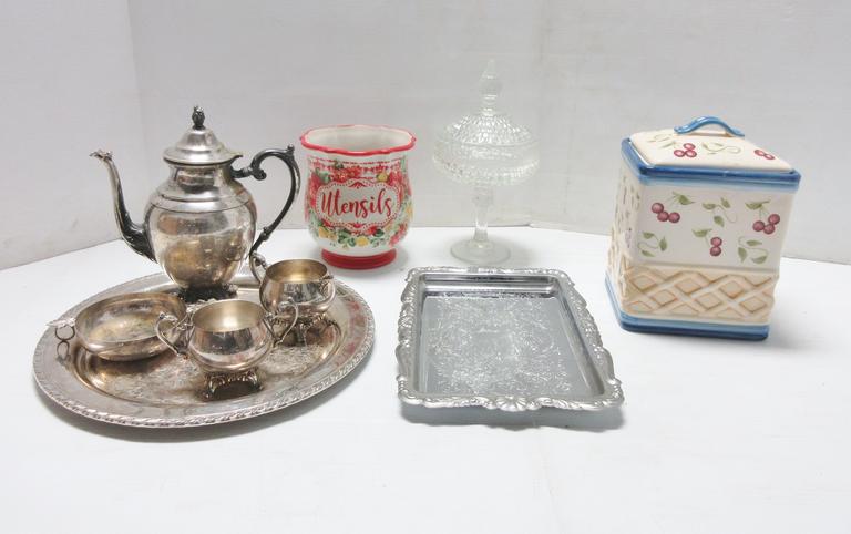 Cookie Jar, Pioneer Woman Utensil Jar, Glass Candy Dish, and Six-Piece Tea Service Set