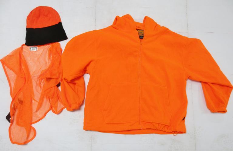 Hunting Items, Include: Hunting Orange 2XL Trail Crest Fleece Jacket, Hunting Orange Vest, and a Hunting Orange and Camo Hat