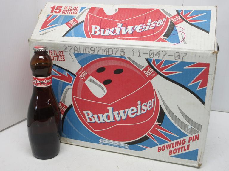 Case of (15) 16 oz. Budweiser Bowling Pin Bottles, Bottled on August 27, 1997, For Collectable Use Only, Not for Consumption