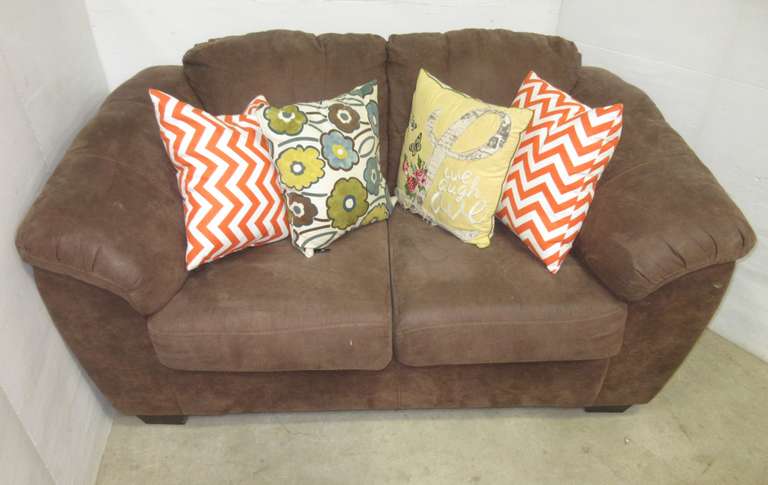 Brown Microfiber Love Sofa with Throw Pillows