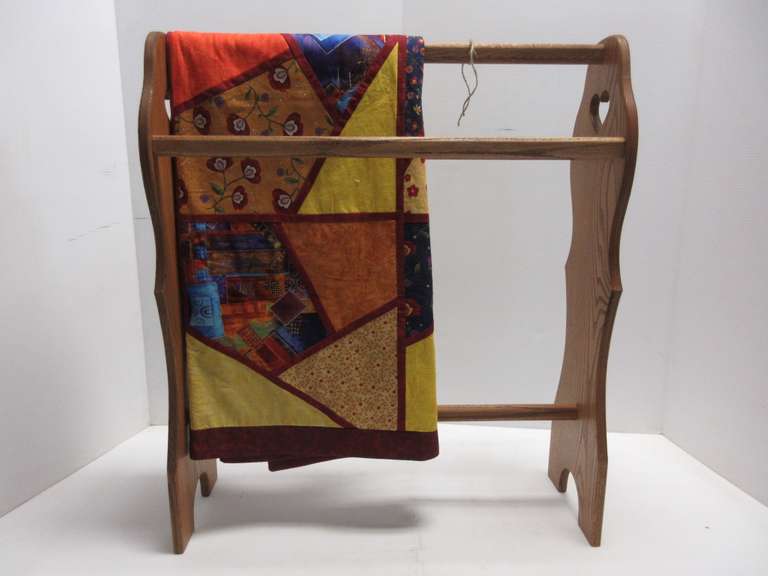 Homespun Lap Quilt with a Solid Oak Quilt Rack