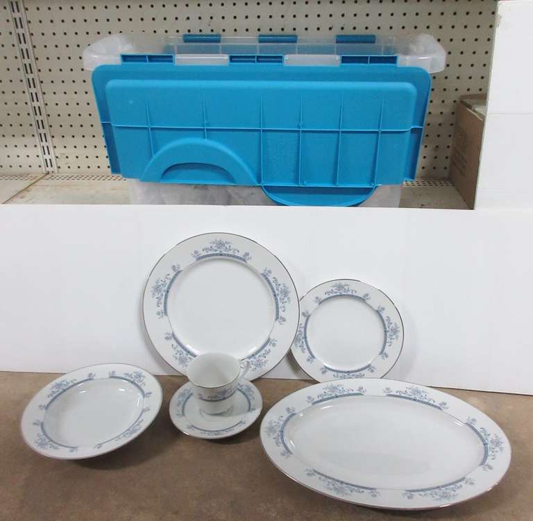 Blue Floral China with Platinum Trim Pattern, Clayton by Four Crown, Includes: Platter, 10" x 14"; 8 oz. Creamer; Sugar Bowl; (8) Dinner Plates, 10 5/8"Dia; (8) Salad Plates, 7 5/8"Dia; (8) Soup Bowls, 8 1/2"Dia; (8) Cups, 3 1/4"Dia; (8) Saucers, 6"Dia