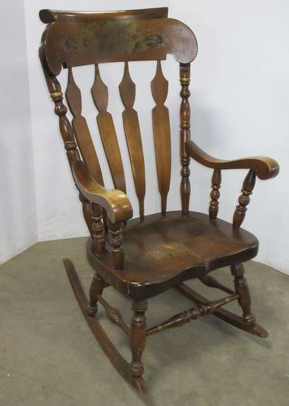 Albrecht Auctions Older Wooden Rocking Chair Lz Kamman Co Dark Wood Golden Flower Pattern With Trim Details