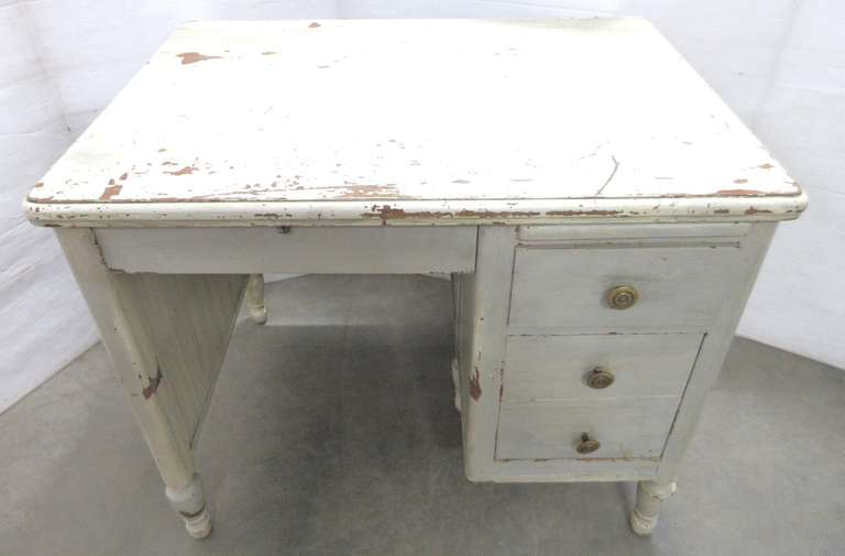 Solid Wood Antique Desk with Chair, Pull-Out Writing Board, and Three Drawers, Secret Lock Engages when Pencil Drawer is Closed, Side Drawers Lock