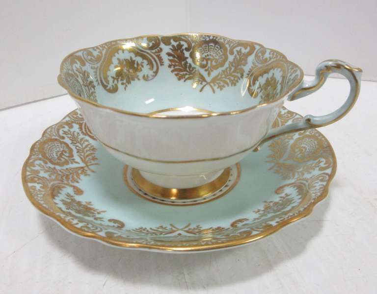 Older Paragon Fine Bone China Cup/Saucer: H.M. the Queen and H.M. Queen Mary, Mint Green with Gold Gilt, A 954/1 N