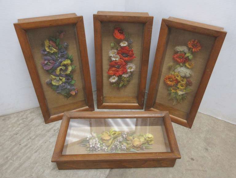 Set of (4) Older 3D Flower Shadow Box Art Pieces