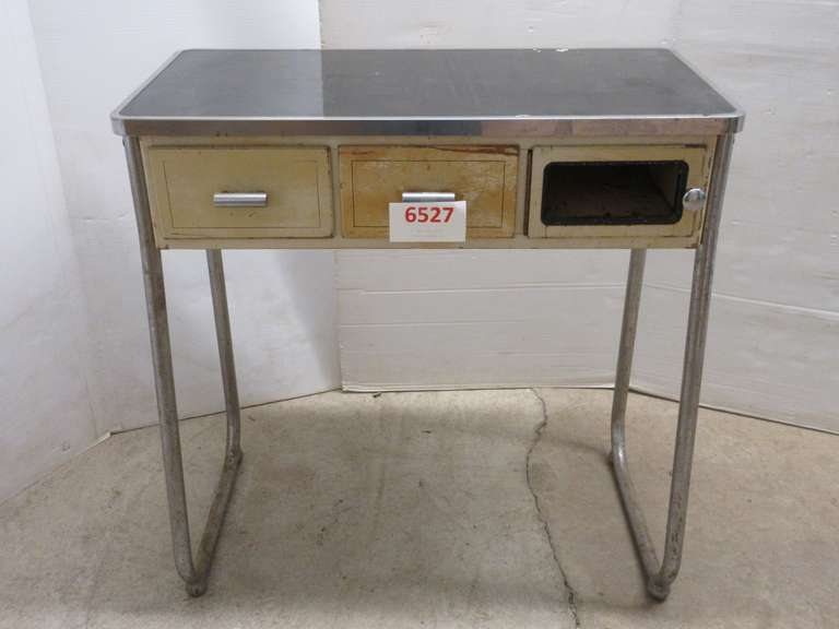 Antique Art Deco Sterilizer Cabinet with Two Drawers and a Door, Made by Helene Curtis in Chicago, National Mineral Co., Chrome