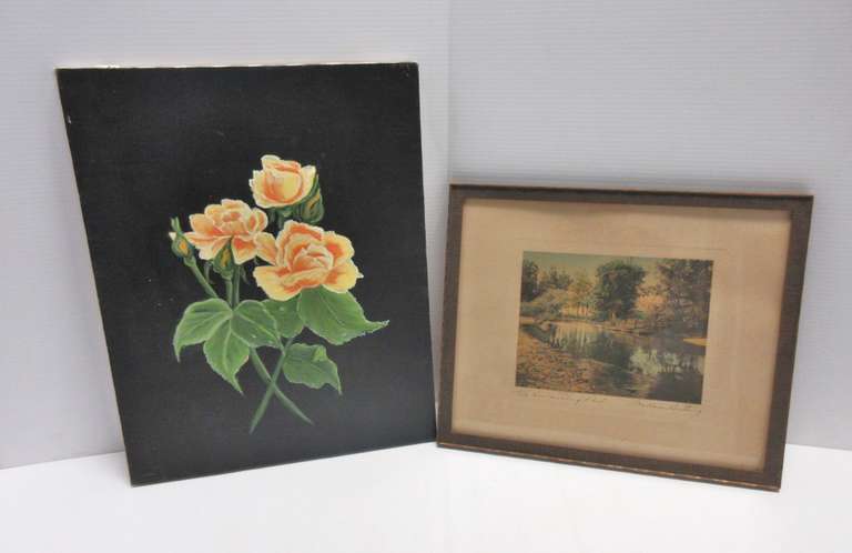 Signed Wallace Nutting Print, "The Swimming Pool", 17"W x 14"H; Flowers Painting on Canvas, 16"W x 20"H, No Frame