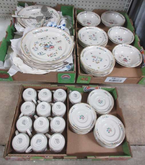 (61) Pieces of High Quality China, Japan International China Co., Heartland 7774, Includes: 15- Plates, 9- Dessert Plates, 9- Fruit Bowls, 13- Cups, and 15- Saucers, Oven/Microwave/Dishwasher Safe, Three Pieces of Silver