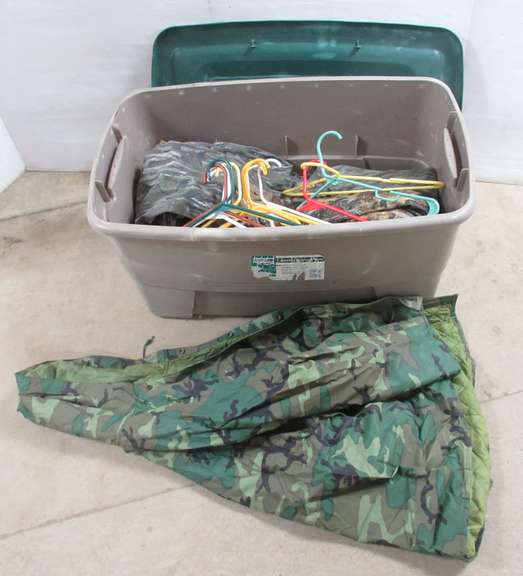 Remington Hunting Bibs, Gore Tex Insulated Jacket, Size Large, Camo; (2) Hunting Hats, Camo; (2) Medium Lightweight Camo Coveralls; Walls Mens Camo Jacket and Pants, Size Large/38-Regular; Ace Fleece Childs XL Jacket; Medium Camo Rain Jacket; (10) Plastic Hangers in Tub