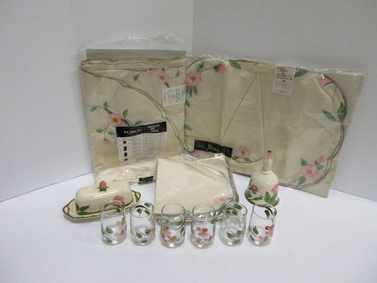 Desert Rose Franciscan Ware, Includes: Tablecloth, (8) Dinner Napkins, (8) Placemats with Napkins, (6) Juice Glasses, Dinner Bell, and Covered Butter Dish