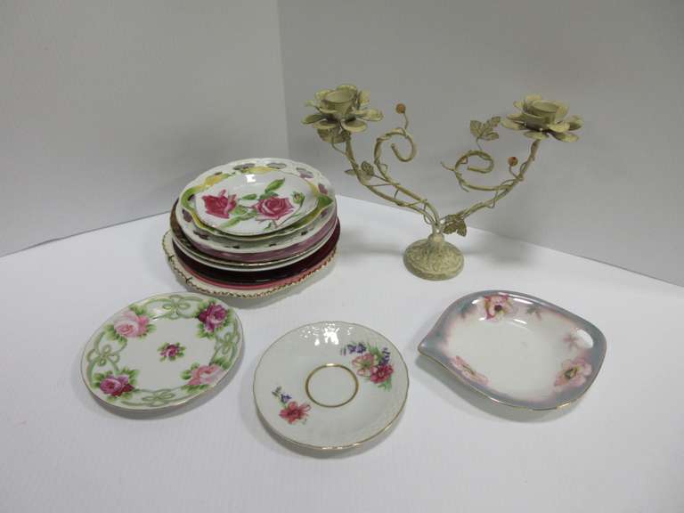 (5) Small Plates, (6) Decorated Plates, and Metal Candle Holder