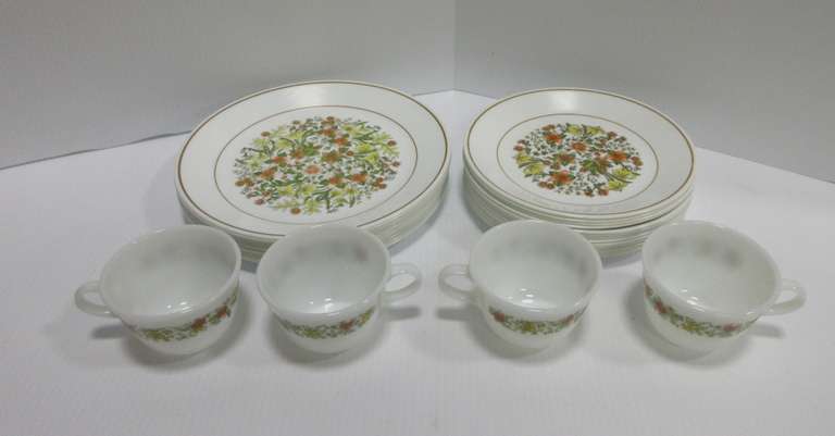 Over (10) Corelle Indian Summer Plates, Two Sizes; (4) Pyrex Mugs with Similar Pattern