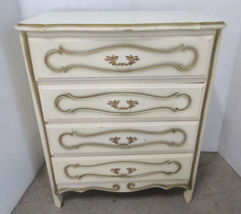 French Provincial White with Gold Trim Four-Drawer Dresser