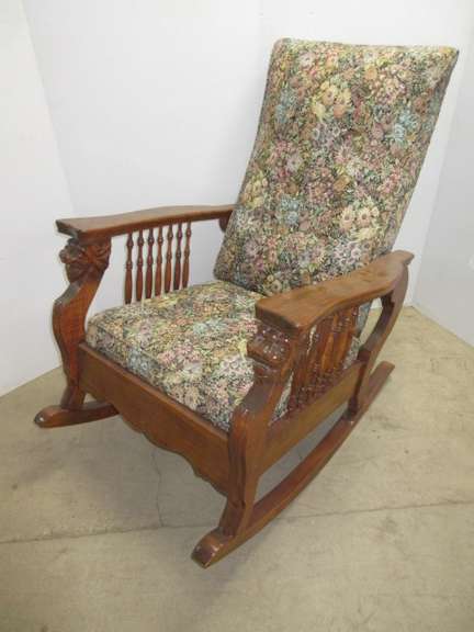 Cook and Co. Automatic Chair Co. Rocker/Recliner, Made in Medina, NY, 1901, Mahogany with Carved Lion Heads