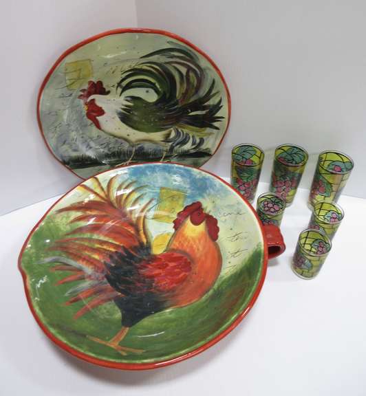 (2) Large Decorative Chicken/Rooster Plates and (6) Drinking Glasses with Grapes on Them 