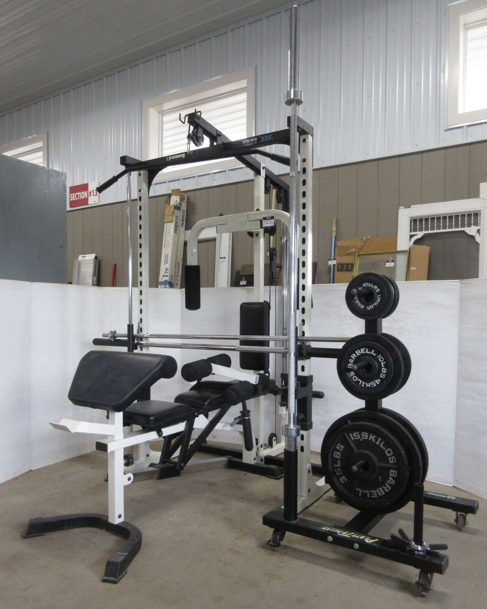 Albrecht Auctions Powerhouse Fitness Smith 3000 Weight Trolley with 355 lbs. of Weight Olympic Bar Bench Preacher Curl Leg Lift