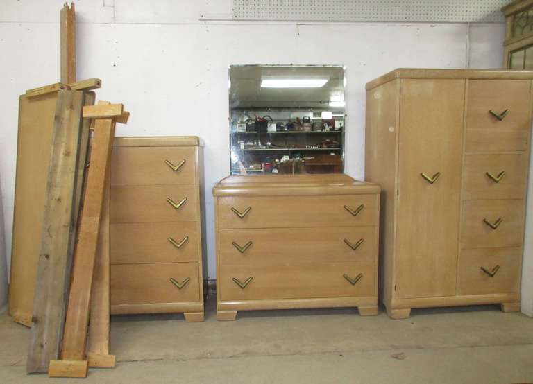 Blonde Mid-Century Bedroom Suite Double Bed, (2) Dressers, and Armoire