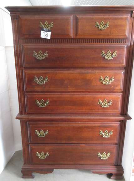 Older Cherry Colored Tallboy Dresser, Solid Wood, by Stanley, Matches Lot Nos. 20, 89, and 90