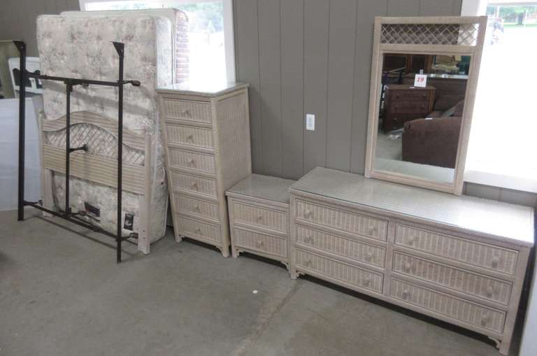 Four-Piece Henry Link Wicker Bedroom Set, Includes: Six-Drawer Dresser with Mirror, 58"W x 19"D x 30"H; Headboard, 60 1/2"W x 46"H; Box Spring; Mattress Frame; Six-Drawer Unit, 23 1/2"W x 19"D x 55 1/2"H; Two-Drawer Nightstand, 23"W x 17"D x 24"H