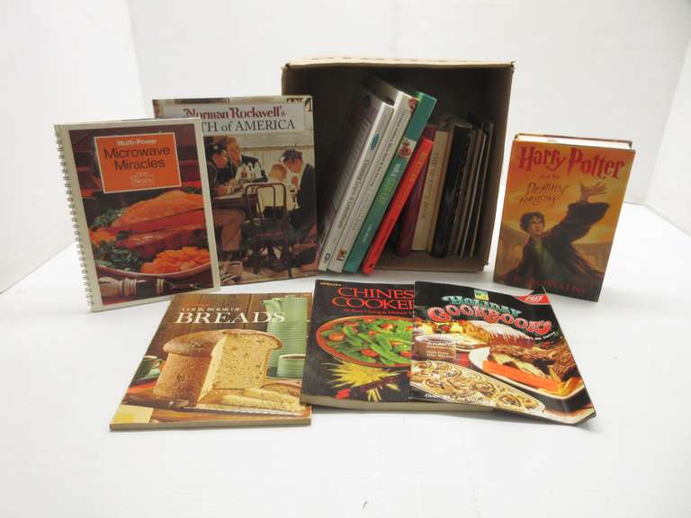 Box of Cookbooks, Include: Wok, Mexican, St. Johns Ubly, Queens, South Carolina, Food, Older Cooking Pamphlets from New England 1956, Imperial Margarine, Pillsbury, Land O' Lakes, Lipton, and More, Harry Potter, and Norman Rockwell