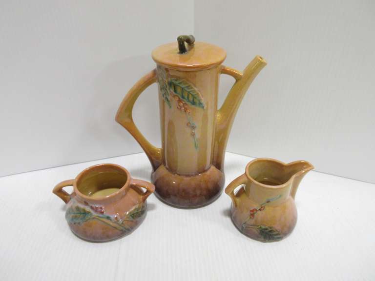 1940s Roseville USA Art Pottery Coffee/Tea Pot, No. 250P, Brown Wincraft Pattern with Matching Sugar Bowl, No. 250S, and Creamer, No. 250C