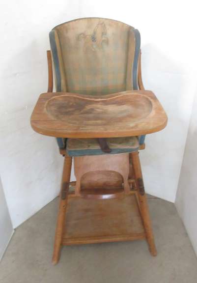 antique wooden high chair with wheels