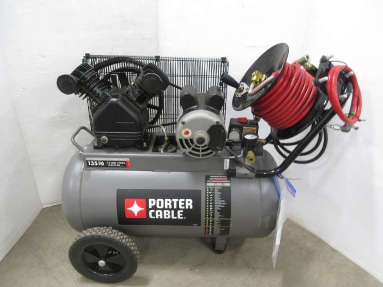 Porter Cable Air Compressor with Manual, Model PXCM201, 20-Gallon Tank, 135 PSI, Includes 50' Legacy Hose Reel