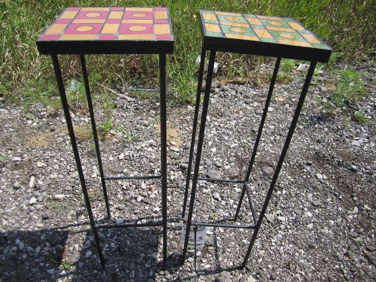 (2) Decorative Plant Stands, Steel with Mosaic Tops