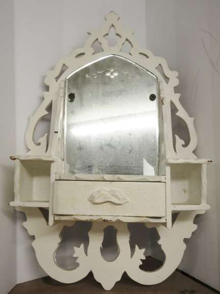 Primitive Wall Mirror/Wall Shelf with Chippy White Paint, Very Ornate with Two Cubbies, Shelf, and Drawer