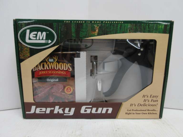 LEM Jerky Gun Kit, Includes: Jerky Gun; Package of Backwoods Jerky Seasoning for 5 lbs. of Meat; Flat Jerky Nozzle, 1 3/16" x 3/16"; Round Nozzle for Snack Sticks, 1/2"