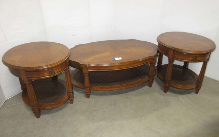 (2) Older Mersman Oval Matching End Tables with Drawer and Wicker Bottom, and Matching Coffee Table