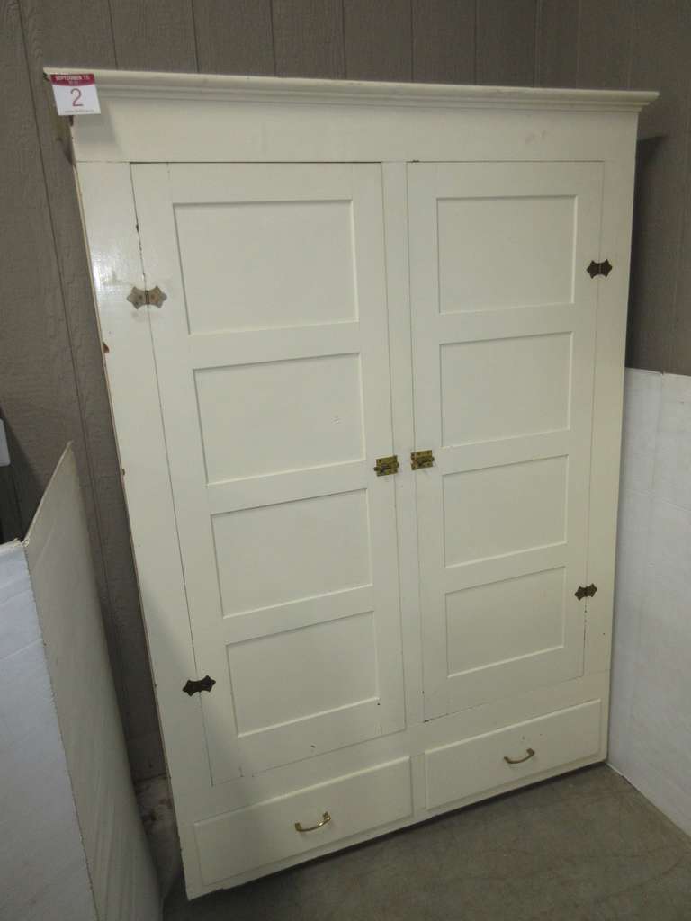 Old Farmhouse Cabinet/Storage Box with Two Cabinet Doors, and Two Drawers, Inside has Four Shelves on Left and Open Space on Right, All on Casters, Was Painted Cream Color Years Ago