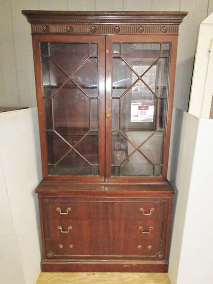 Antique Dark Wood Tall China Cabinet with Glass Doors and Three Bottom Storage Drawers