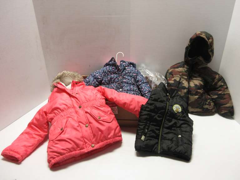 Childrens Winter Coats, Include: Oshkosh Girls Size 2-5 Coat; Carter's Girls Snow Suit/Coat and Bibs, Size 12M; Boys Size 2T Coat and Vest; Girls Size 4-5 Pink Coat