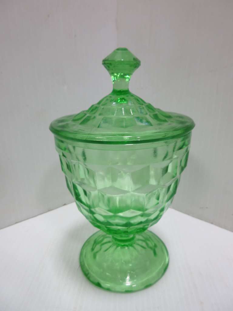 Vaseline Green Colonial Block Candy Dish, Depression Glass