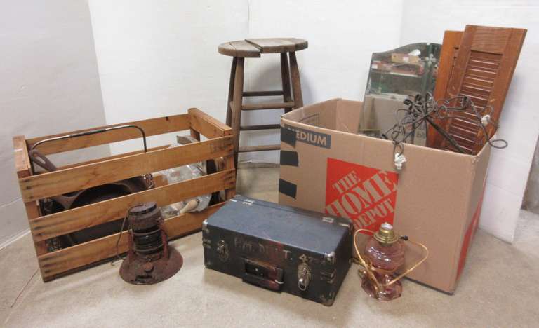 Misc. Antiques, Include: (2) Cast Iron Skillets, (4) Wooden Shutters, Meat Grinder with Attachments, Red Globe Railroad Lantern, Mirror, (2) Cast Iron Decorative Pieces, Antique Wooden Stool, and More