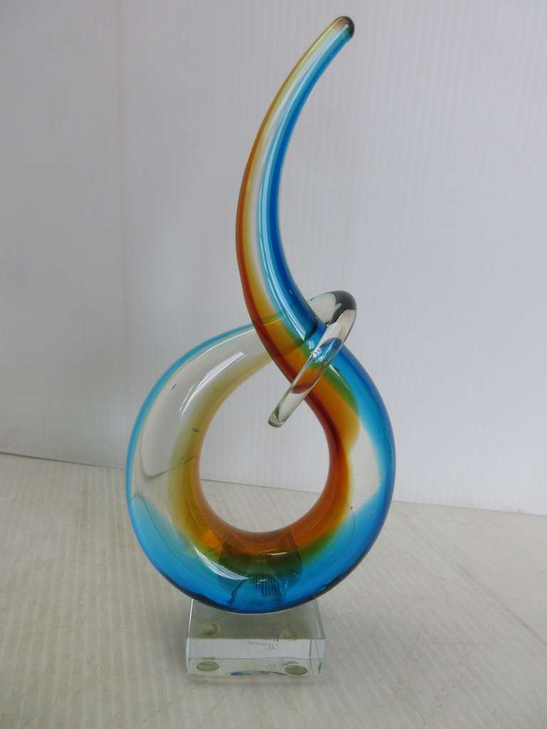 Signed Murano Art Glass Abstract Sculpture, Blue and Green with Whiskey Colors, Sits on Glass Platform, Very Heavy and Solid