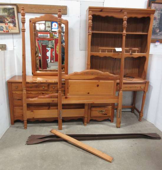 Broyhill Three-Piece Bedroom Outfit, Includes: Twin Head and Footboards with Rails; Dresser and Mirror, 50"W x 72"H; Desk with Hutch Top, 42"W x 75"H