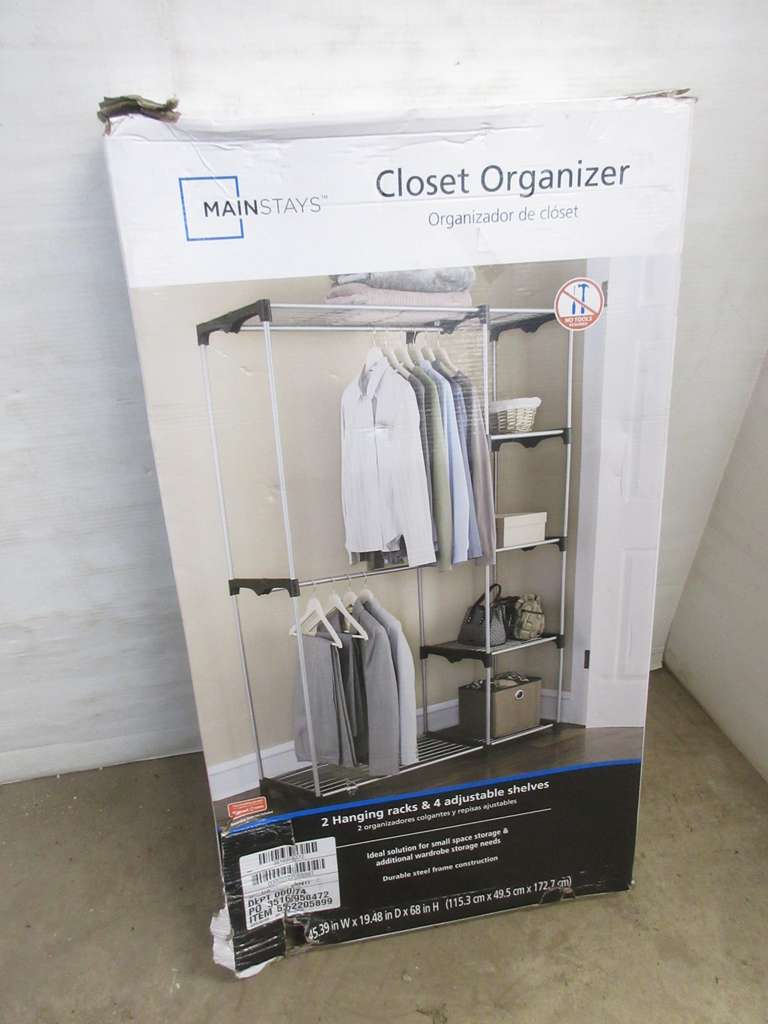 Albrecht Auctions Mainstays Closet Organizer With Two Hanging Racks And Four Adjustable Shelves