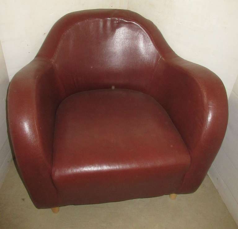 Burgundy Leather Sitting Armchair Accent Chair with Light Pine Legs